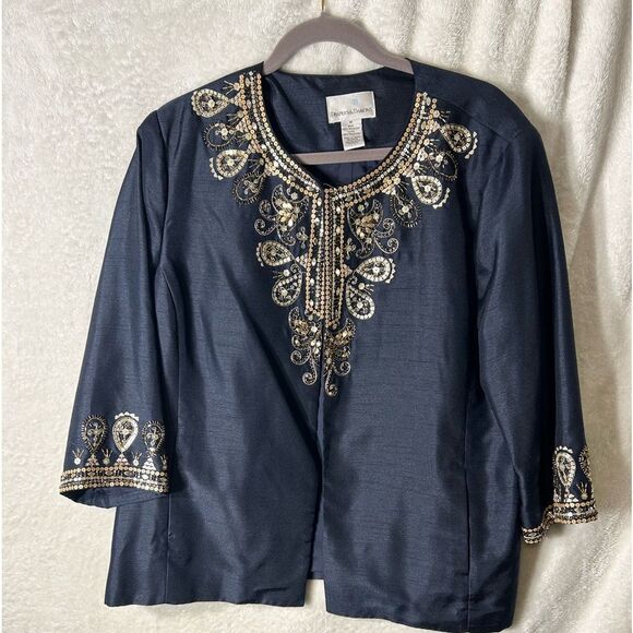 Draper’s & Damon’s NAVY BLUE Size 1X silver and gold Sequined Jacket fully lined - Picture 1 of 5